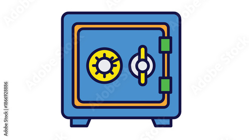 A blue safe with a dial and handle is depicted, symbolizing security, storage, valuables, and protection of assets.