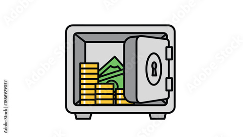 An open safe reveals stacks of cash and coins, highlighting security, wealth storage, and financial assets.