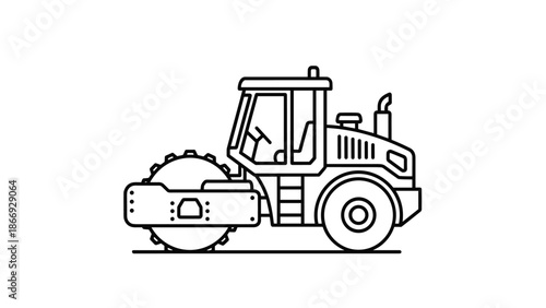 A line drawing of a road roller, a heavy construction vehicle with a large cylindrical roller, signifies road building and surface compaction.