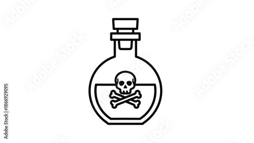 A round-bottomed glass bottle with a stopper contains a liquid and a skull and crossbones, signifying poison or hazardous substances.