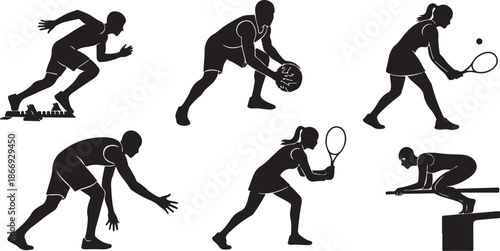 Tennis Player Silhouettes in Various Poses with Racket and Ball