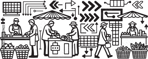 Black and white illustration of a busy marketplace scene