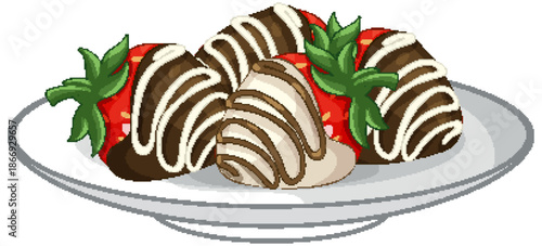 Fresh Strawberries Dipped in Dark and White Chocolate on a Plate