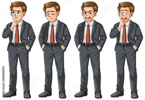 Businessman Expressing Different Emotions in Formal Suit Illustration