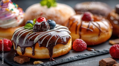 Exquisite assortment of delicious donuts with chocolate glazing and fresh berries