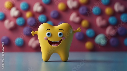 Adorable 3D Cartoon Yellow Tooth Character Smiling with Open Arms Against a Playful Pink Background Filled with Colorful Heart Shaped Sweets and Candies for Pediatric Dental Health Care.