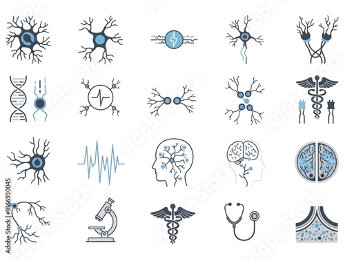 Collection of neurology and neuroscience icons illustrating neurons brain activity genetic structures and essential medical diagnostic tools for scientific research
