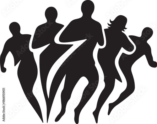 Silhouettes of people running together in unity and motion