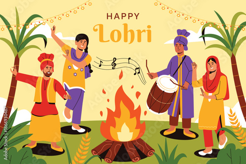 Beautiful lohri design featuring festive flags and traditional folk dancers vector