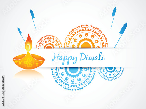 Diwali festival greeting card with oil lamps and sacred geometry vector