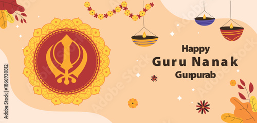 Guru nanak dev ji jayanti spiritual greeting card with blessing vector