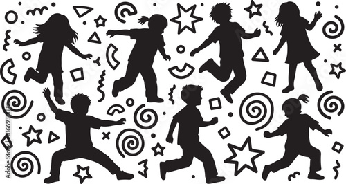 Silhouettes of happy children playing and running with fun shapes