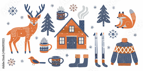 Charming winter scene featuring deer fox cozy cabin and festive seasonal elements