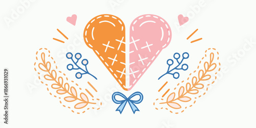 A charming illustration featuring stitched hearts floral elements and a delicate bow