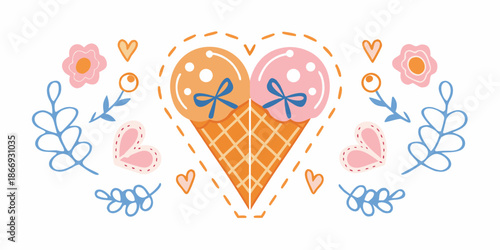 A charming illustration featuring ice cream cones and decorative floral hearts