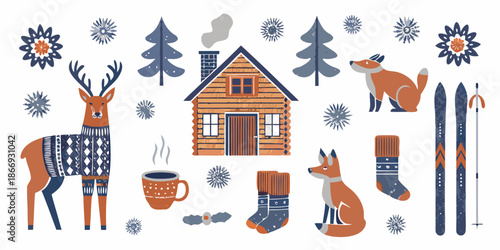 A cozy winter scene with deer fox cabin and winter sports elements