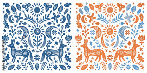 Folk art illustration featuring deer sun moon and floral motifs in blue and orange