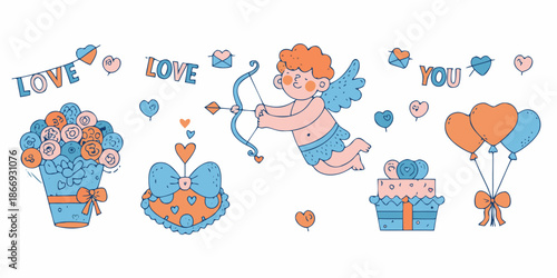 Cupid bouquets balloons and gifts a charming valentine s day illustration