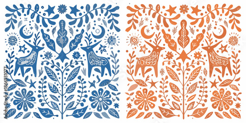 Folk art illustration featuring deer floral motifs and celestial elements in dual colors