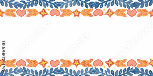 Decorative floral border with hearts and stars on a white background