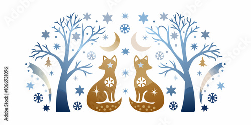Winter scene featuring two foxes trees crescent moons and snowflakes