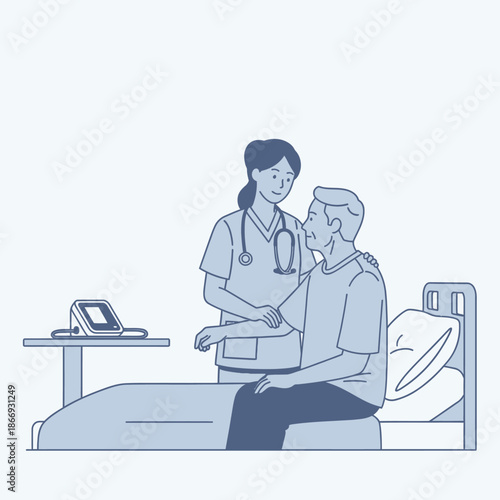 Nurse assisting elderly patient in hospital bed