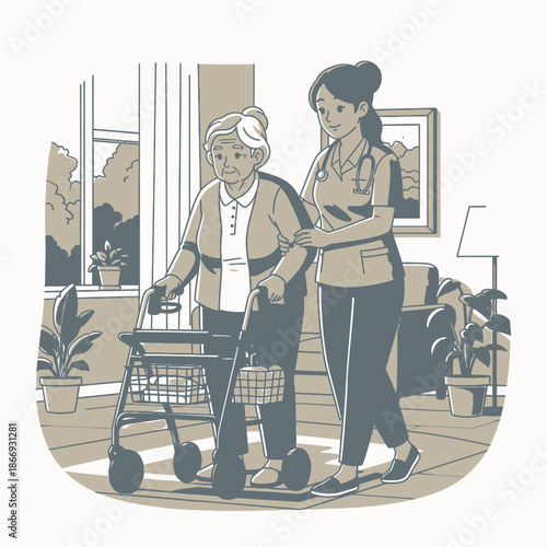 Nurse assisting elderly woman with walker at home