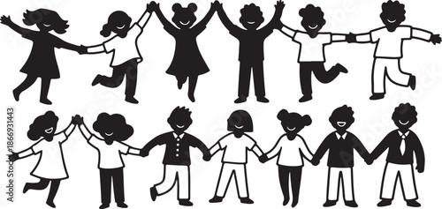 Diverse group of happy children playing together in black and white