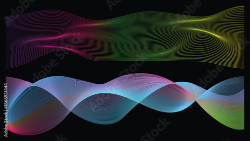 Gradient 3D Vector wave lines pattern on black abstract brackground.concept of technology, digital. 