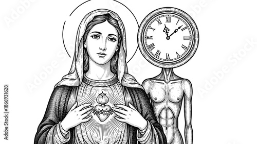 Sacred Heart Religious Illustration with Clock Head Figure