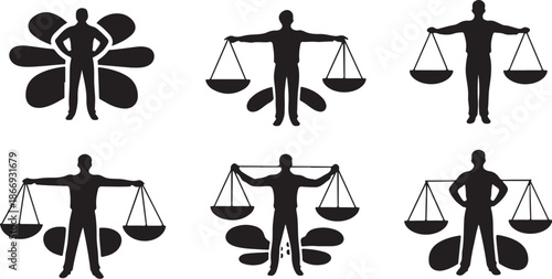 Justice and balance concept with silhouettes of people holding scales