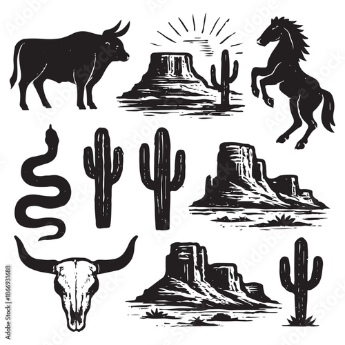 Western Desert Linocut Print Set – Boho Cactus, Canyon Wildlife & Rodeo Icons