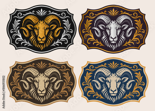 Bighorn Sheep Label Tag emblem design stylized silhouette Ornate American classic old west style medal design vector color variants editable decorative floral frame Luxurious Shape buckle belt