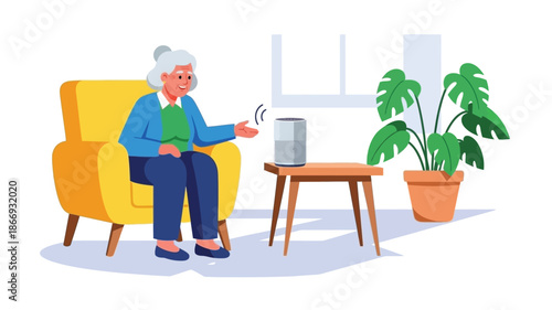 Elderly woman interacts with a smart speaker while relaxing in her home