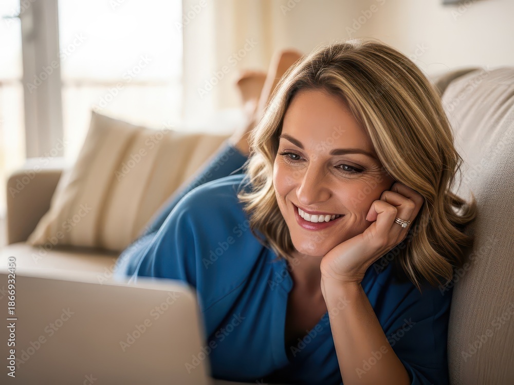 Fototapeta premium Woman smiling while sitting on a couch and using a laptop