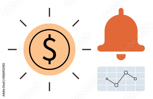 Financial management, investment tracking, market trends, alert systems, monetary updates, and stock analysis. Dollar sign, notification bell and chart with data points. Financial management