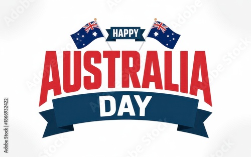 Happy Australia Day Text with Ribbon And National Flag Design on white background