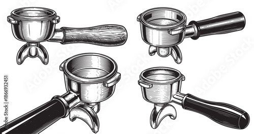 Coffee portafilter vintage engraving illustration isolated on white background