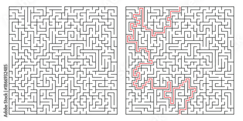 Adult Rectangular Maze Game - Complex Maze Game Flat Vector Black and White Outline Illustration for Kdp.