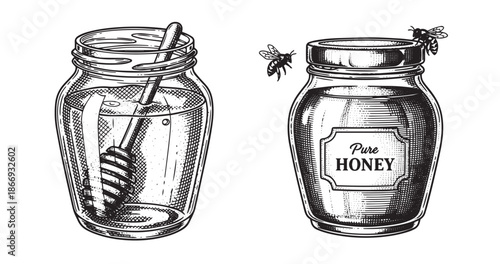 Honey jar vintage engraving illustration isolated on white background