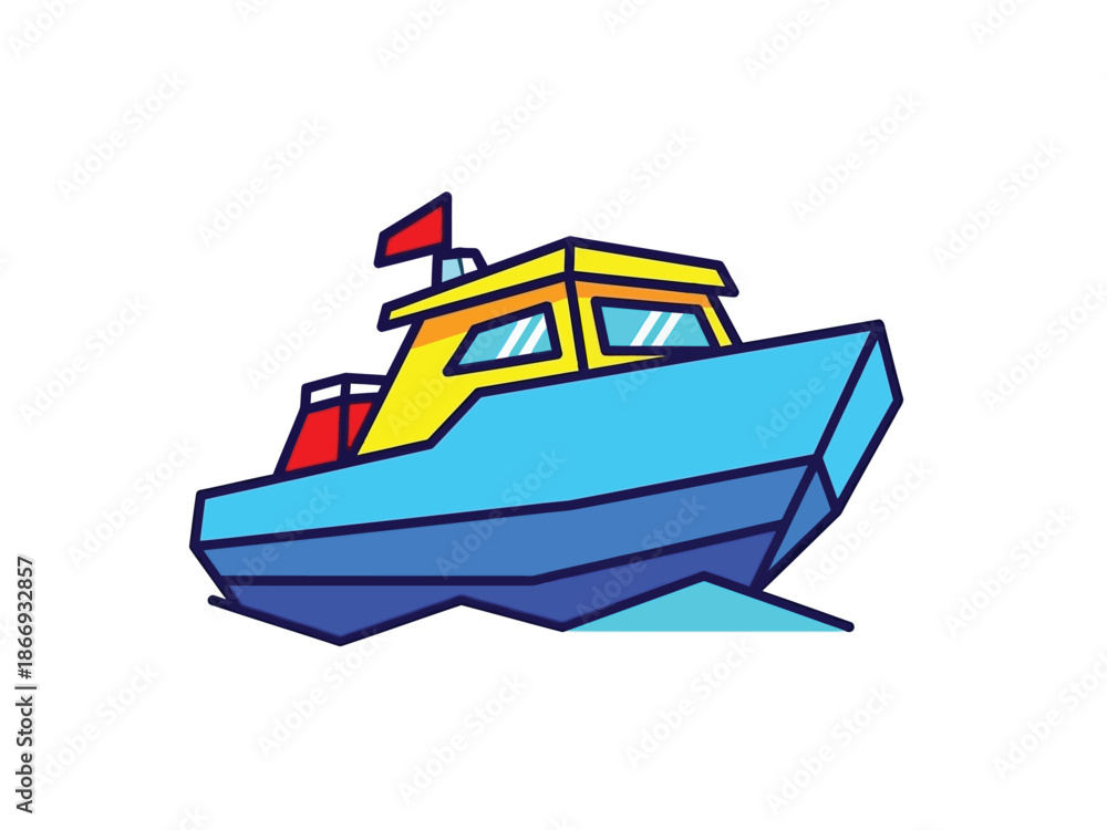 Naklejka premium Cartoon Blue Motorboat Sailing on Water.