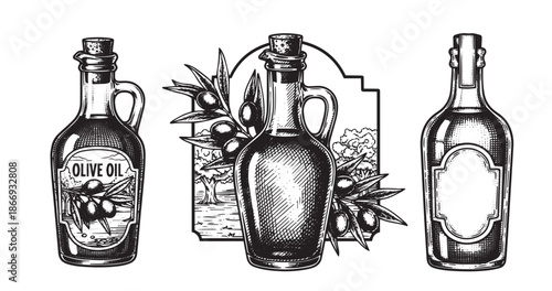 Olive oil bottle vintage engraving illustration isolated on white background