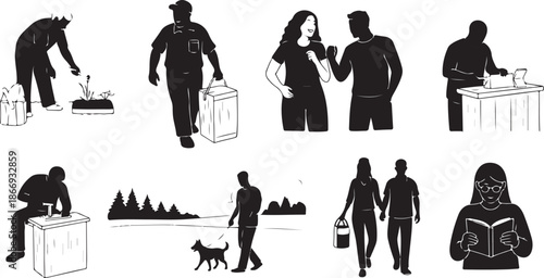 Silhouette of people in various daily life activities and settings