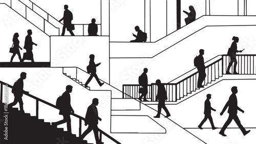 Silhouettes of people walking on stairs in a modern building