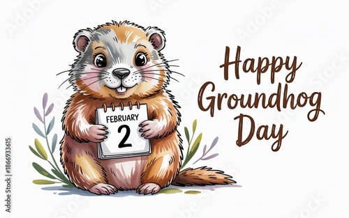 Happy Groundhog Day Cute Groundhog Illustration on white background