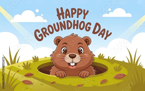 Happy Groundhog Day Cartoon Groundhog In Nature Landscape Illustration