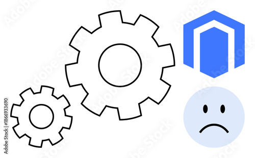 System error concept. System issues ed by gears, sad face, and software logo malfunction. System failure causing inefficiencies and errors. Use in tech support, software issues, IT troubleshooting