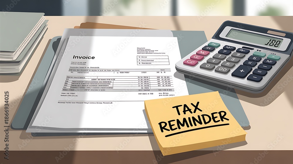 Obraz premium A white invoice document and a calculator sit on a desk with a yellow tax reminder note