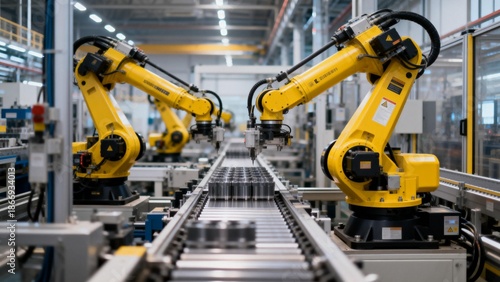Yellow robotic arms in factory assembly line