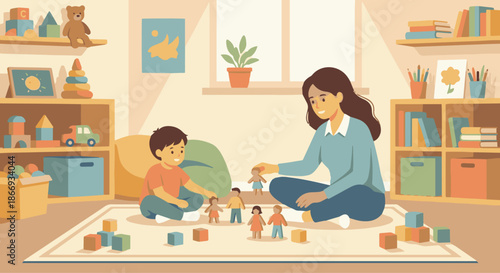 Play Therapist Working with Child Using Toys
A flat vector illustration of a play therapist sitting on the floor with a child, engaging in play using toy figures and blocks. 